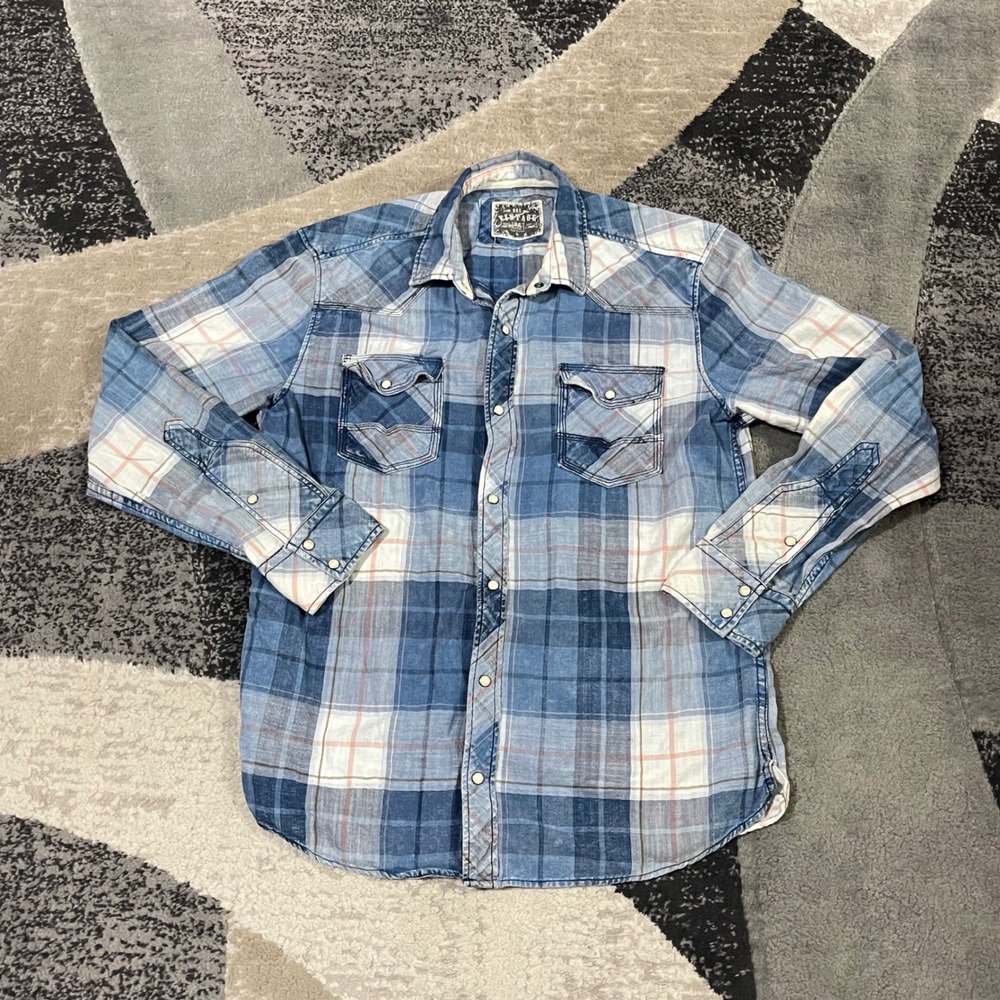 BKE Vintage Plaid Pearl Snap Shirt Mens Large Blue Western Cowboy‎ Athletic Work